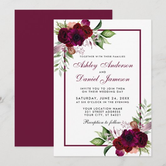 Invitation Mariage floral Boho de l'aquarelle de Bourgogne (Devant / Derrière)