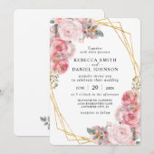 Invitation Mariage floral Boho élégant géométrique rose et or (Devant / Derrière)