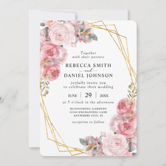 Invitation Mariage floral Boho élégant géométrique rose et or (Devant)