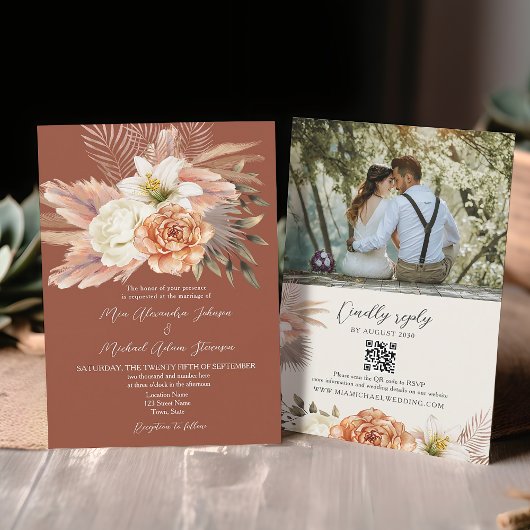 Invitation Mariage Floral Boho en Terracotta avec Code QR