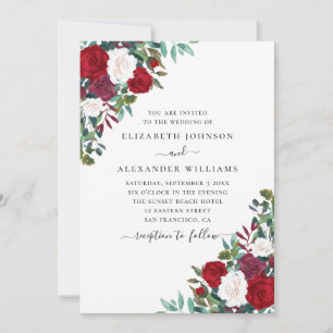 Invitation Mariage floral boho. Fleurs élégantes rouges et bl