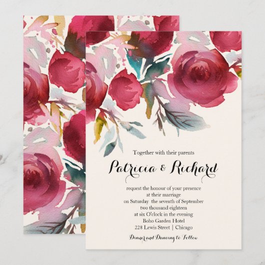 Invitation Mariage Floral Boho Marsala Bourgogne (Devant / Derrière)