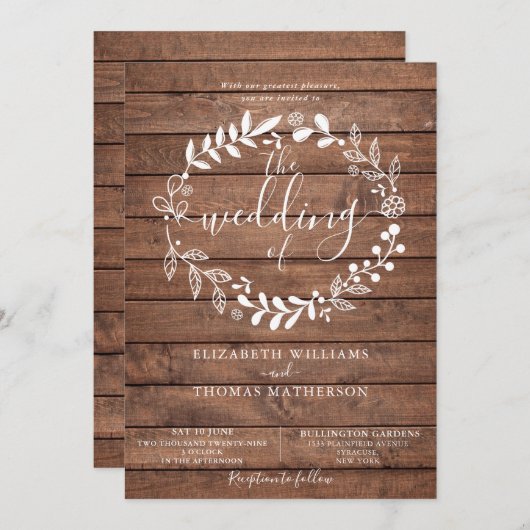 Invitation Mariage Floral Bois Rustique (Devant / Derrière)
