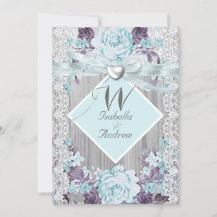 Invitation Mariage Floral Bois Rustique Blanc Dentelle Bleu C