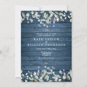 Invitation Mariage Floral Bois Rustique Bleu