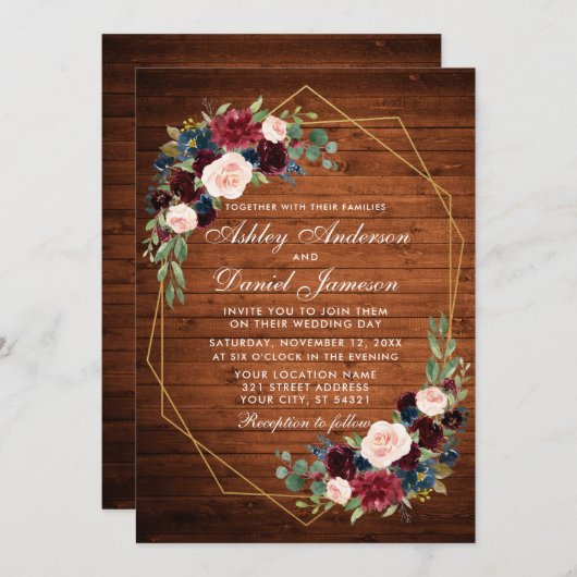 Invitation Mariage Floral Bois Rustique Cadre géométrique Or (Devant / Derrière)