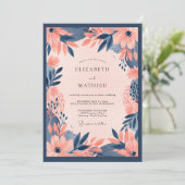 Invitation Mariage Floral Bold Peach Bleu Marine (Debout devant)