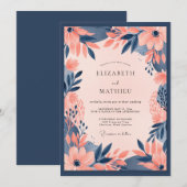Invitation Mariage Floral Bold Peach Bleu Marine (Devant / Derrière)