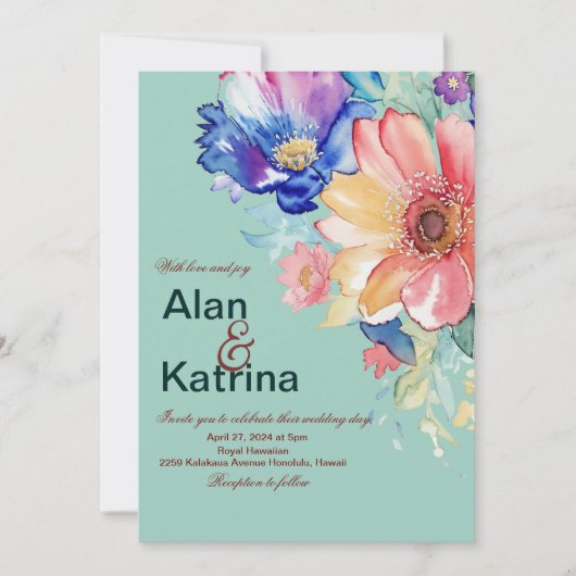 Invitation Mariage Floral Bold Vert Menthe (Devant)