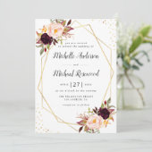 Invitation Mariage floral bordeaux à couronne géométrique (Debout devant)