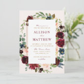 Invitation Mariage floral bordeaux aquarelle (Debout devant)