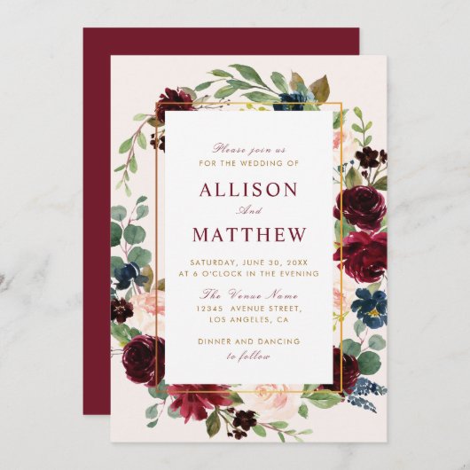 Invitation Mariage floral bordeaux aquarelle (Devant / Derrière)