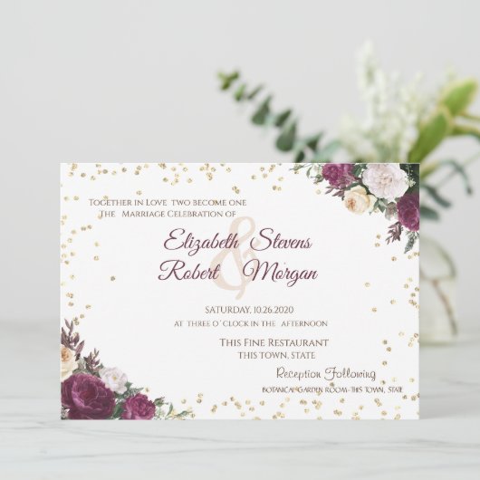 Invitation Mariage floral bordeaux diamants dorés (Debout devant)