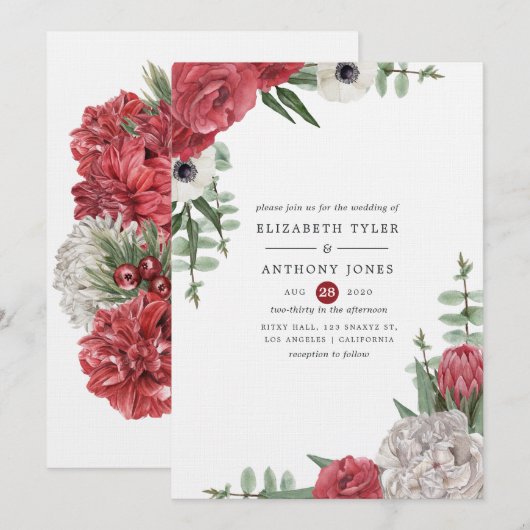 Invitation Mariage floral bordeaux et blanc (Devant / Derrière)