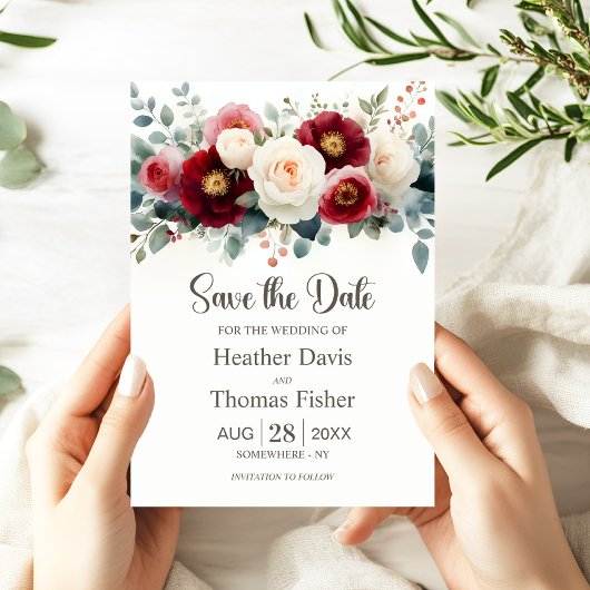 Invitation Mariage floral bordeaux et blanc Enregistrer la da