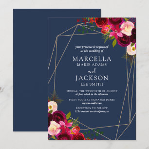 Invitation Mariage floral bordeaux et marine
