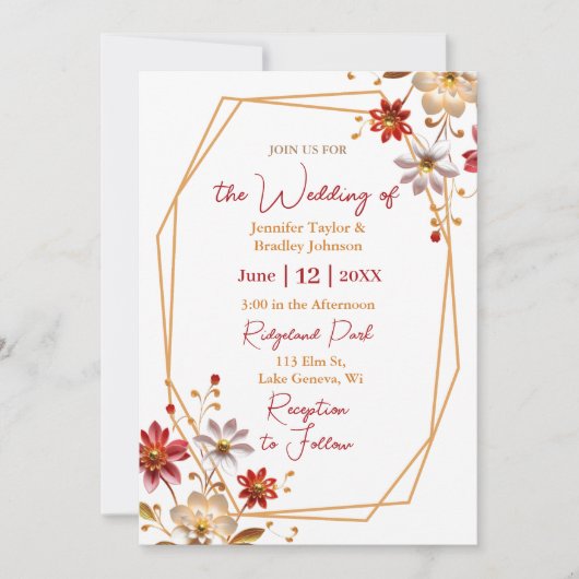 Invitation Mariage Floral Bordeaux et Or (Devant)