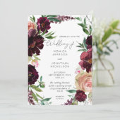 Invitation Mariage Floral Bordeaux et Rose Pâle (Debout devant)