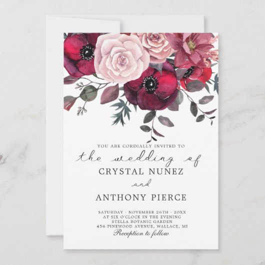 Invitation mariage floral bordeaux et roux (Devant)
