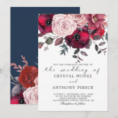 Invitation mariage floral bordeaux et roux (Devant / Derrière)