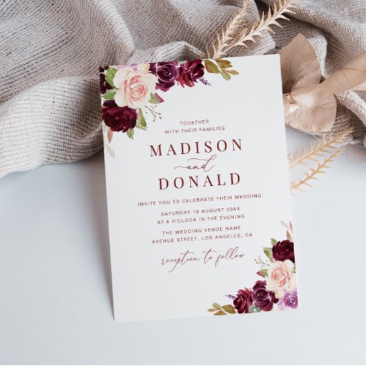 Invitation mariage floral bordeaux et roux