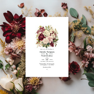Invitation Mariage floral bordeaux, ivoire et sauge