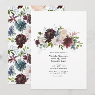 Invitation Mariage floral bordeaux, marine et rose
