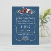 Invitation Mariage floral bordeaux sapin bleu marine or (Debout devant)