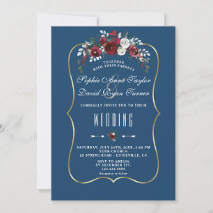 Invitation Mariage floral bordeaux sapin bleu marine or