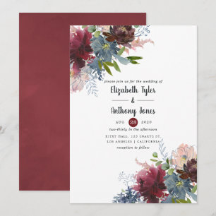 Invitation Mariage floral Bordo et marine