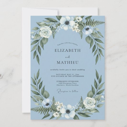 Invitation Mariage Floral Botanique Bleu Clair (Devant)