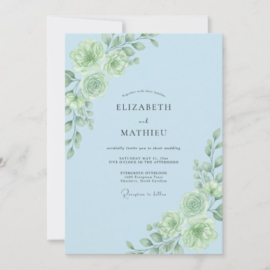 Invitation Mariage Floral Botanique Bleu Clair (Devant)