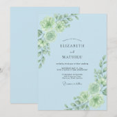 Invitation Mariage Floral Botanique Bleu Clair (Devant / Derrière)