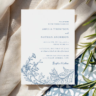 Invitation Mariage Floral Botanique Bleu Poussiéreux de Style