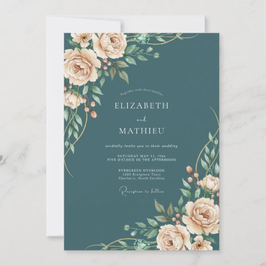 Invitation Mariage floral botanique Champagne sarcelle (Devant)