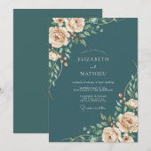Invitation Mariage floral botanique Champagne sarcelle (Devant / Derrière)