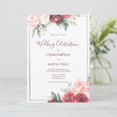 Invitation Mariage floral botanique d'été rose bordeaux (Debout devant)