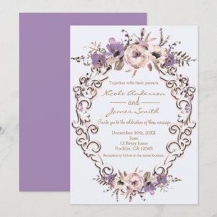 Invitation Mariage floral botanique élégant crème violet