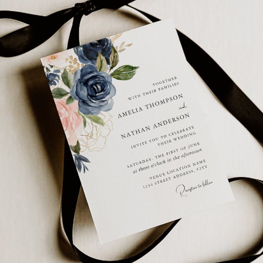 Invitation Mariage Floral Botanique Navy Blush