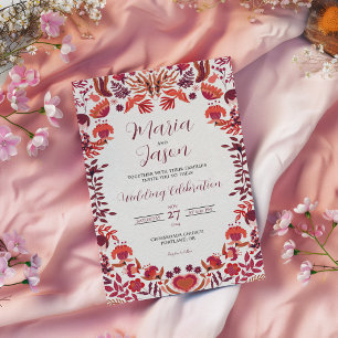 Invitation Mariage Floral Botanique Rose Bourgogne Rouge Mexi