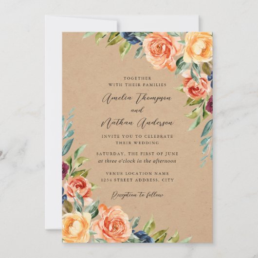 Invitation Mariage floral botanique rustique multicolore (Devant)
