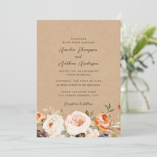 Invitation Mariage Floral Botanique Rustique Orange Brûlé (Debout devant)