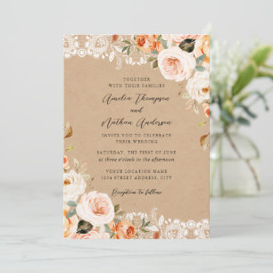 Invitation Mariage Floral Botanique Rustique Rouge Pêche en D