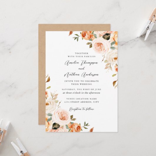 Invitation Mariage Floral Botanique Rustique Teinté de Pêche (Devant/Arrière en situation)