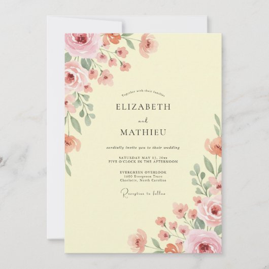 Invitation Mariage Floral Botanique Teint de Citron (Devant)