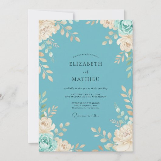 Invitation Mariage Floral Botanique Teinte de Bleu Vert (Devant)