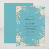 Invitation Mariage Floral Botanique Teinte de Bleu Vert (Devant / Derrière)
