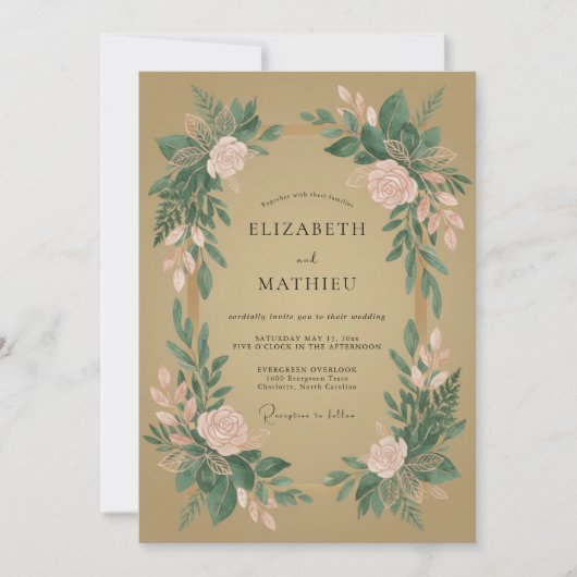 Invitation Mariage Floral Botanique Vert Rosé (Devant)