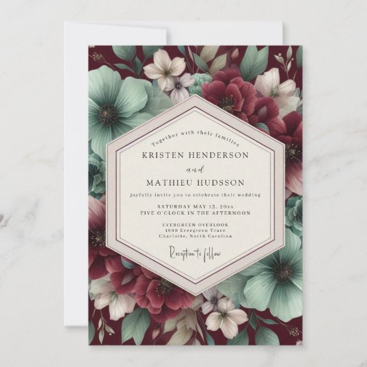 Invitation Mariage Floral Bourgogne (Devant)
