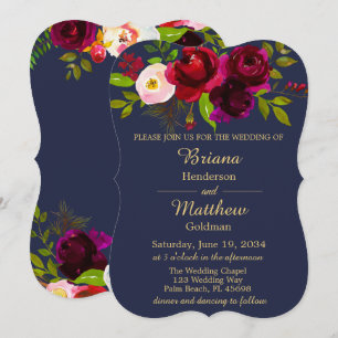 Invitation Mariage Floral Bourgogne Bleu Nuit Or